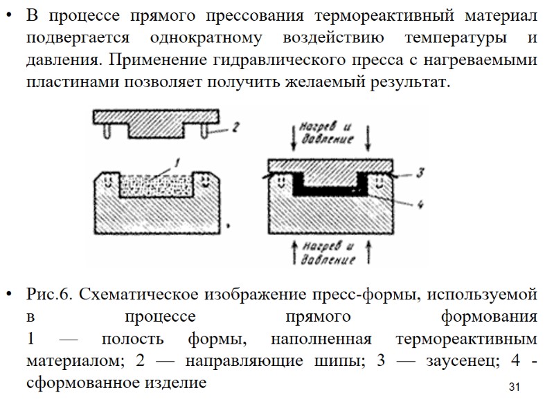 31 В процессе прямого прессования термореактивный материал подвергается однократному воздействию температуры и давления. Применение